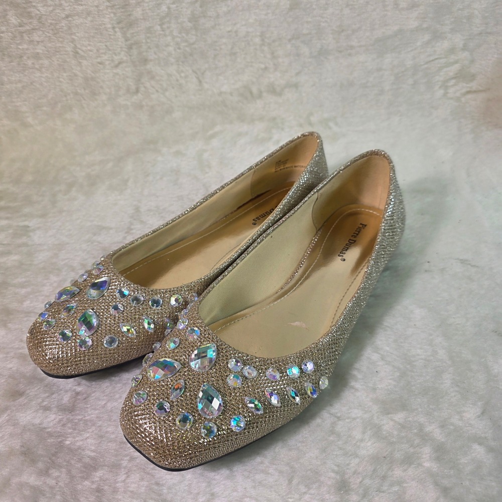 Pierre Dumas Rhinestone Glitter Flats Gold Square Toe Womens 8.5 NEW